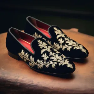 Black Suede Hand Work Zardozi Peshawari Loafers | Wedding Shoes for Groom | Shoes for Haldi Mehendi Sangeet