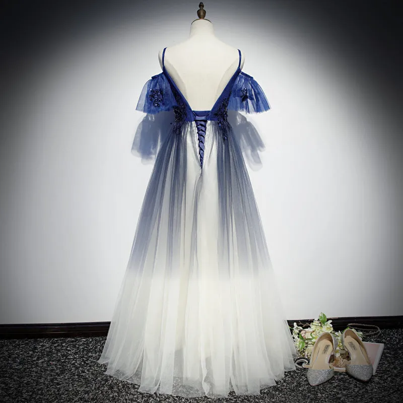 Blue Gradient Off Shoulder Straps Tulle Floor Length Party Dress, Blue A-line Bridesmaid Dress