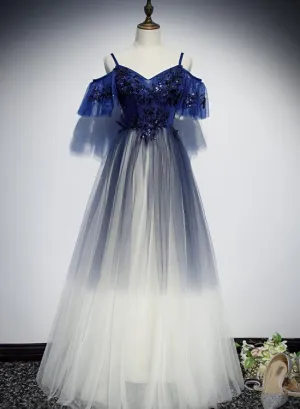 Blue Gradient Off Shoulder Straps Tulle Floor Length Party Dress, Blue A-line Bridesmaid Dress