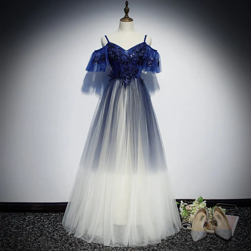 Blue Gradient Off Shoulder Straps Tulle Floor Length Party Dress, Blue A-line Bridesmaid Dress