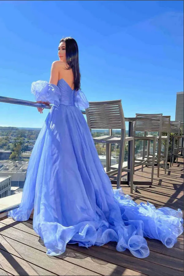 Blue Tulle A Line Princess Puff Sleeves Pleated Prom Dresses, Evening Gown APP0724