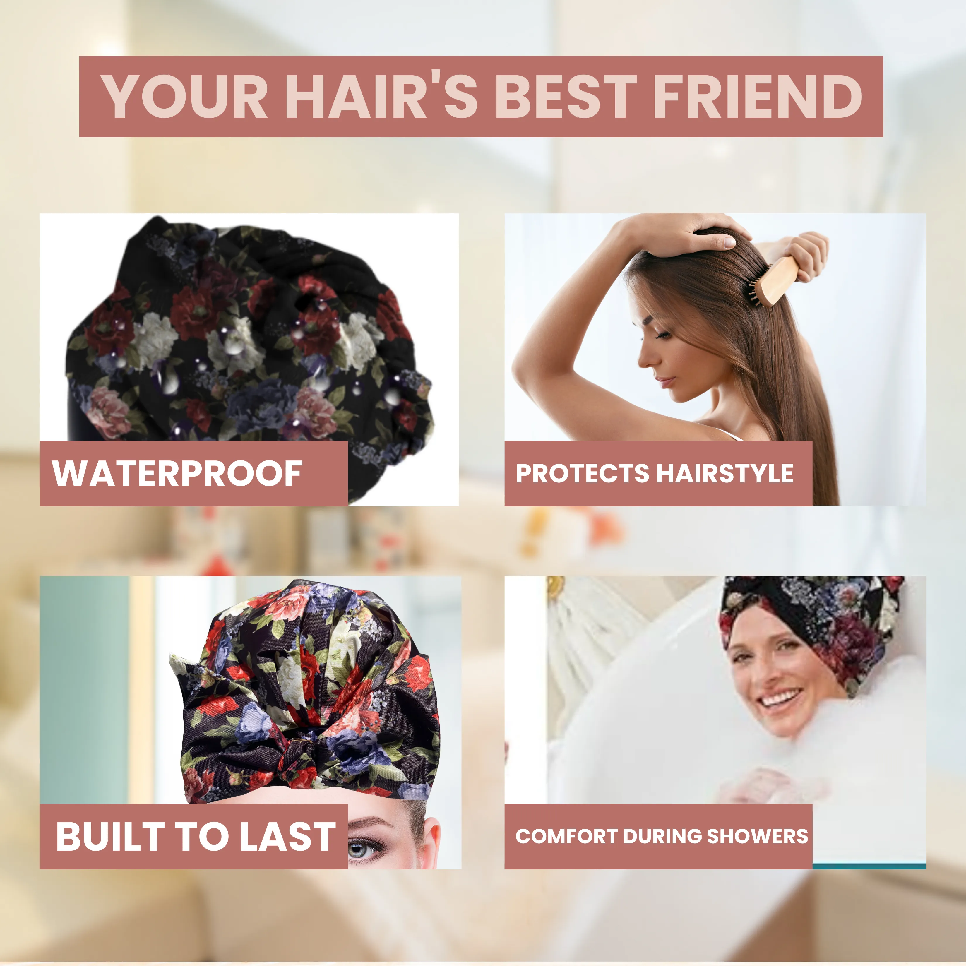 Bluhen - Black Floral Shower Cap