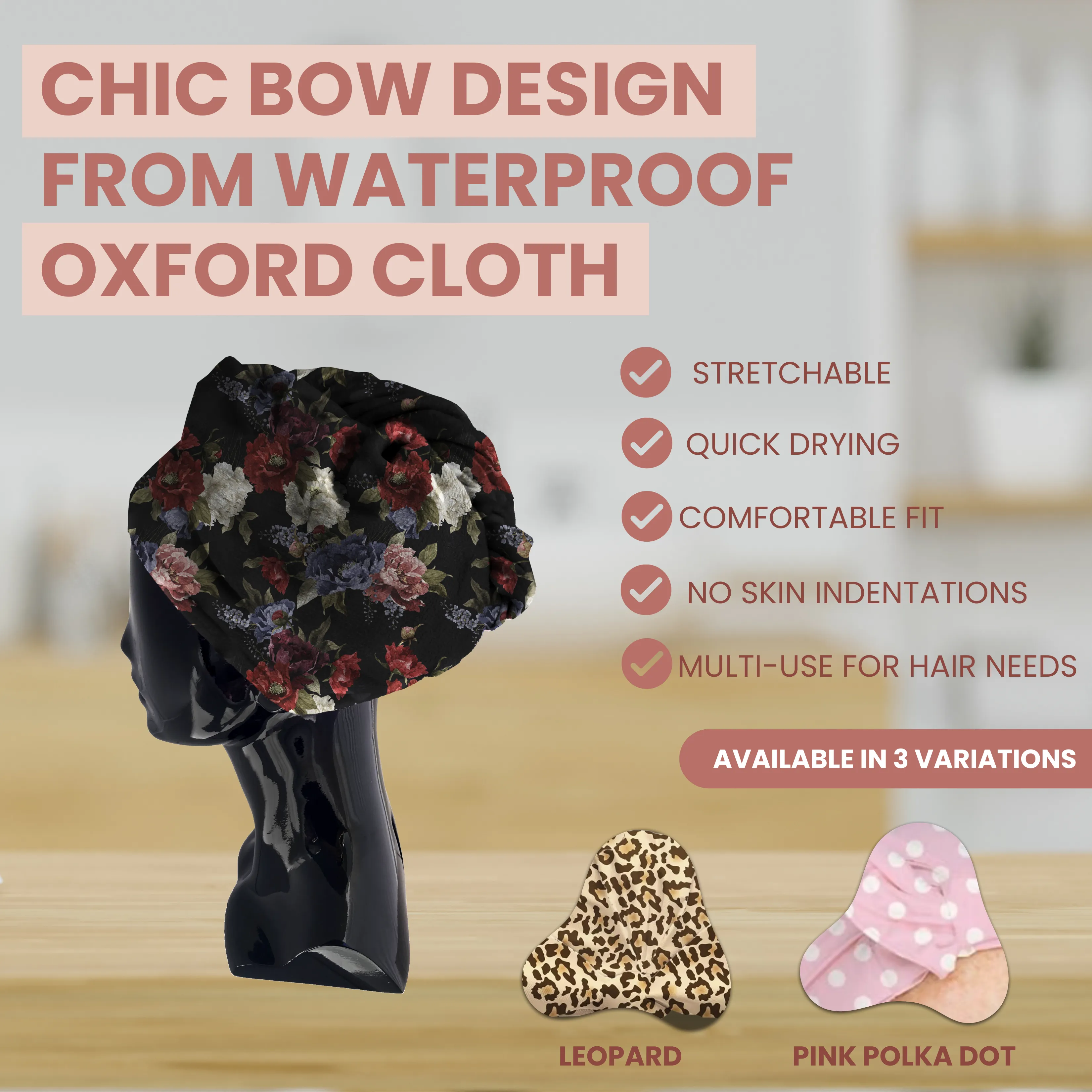 Bluhen - Black Floral Shower Cap