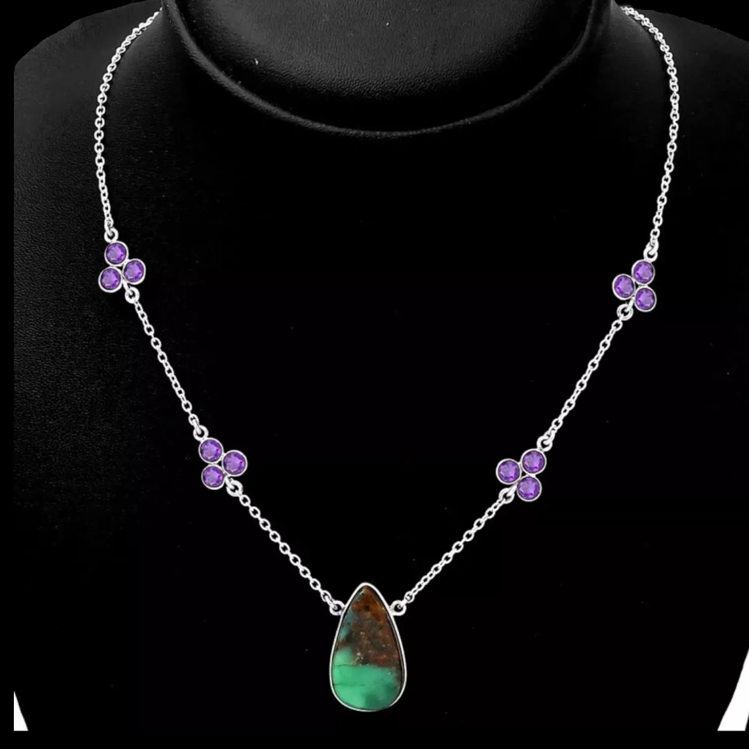 Boulder Chrysoprase & Amethyst Solid 925 Sterling Silver Necklace