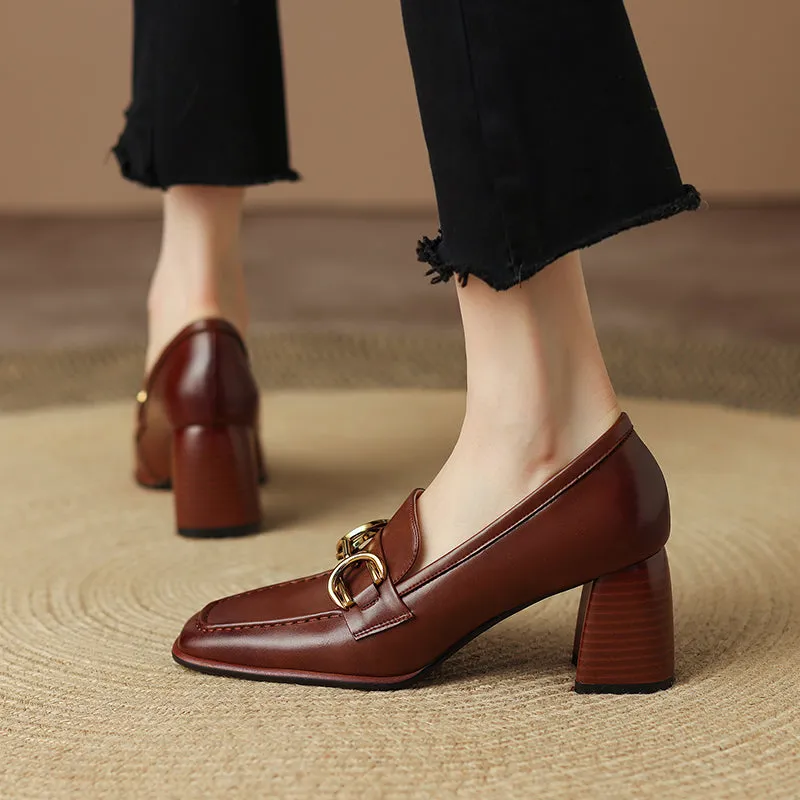 Bree Square Toe Brown Loafers with Heels
