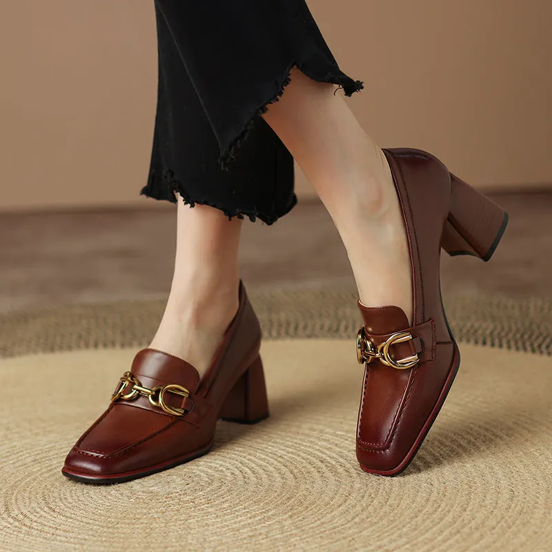 Bree Square Toe Brown Loafers with Heels