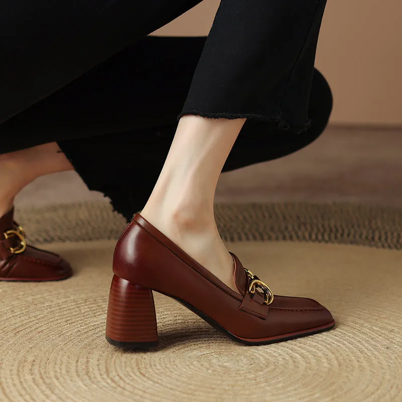 Bree Square Toe Brown Loafers with Heels