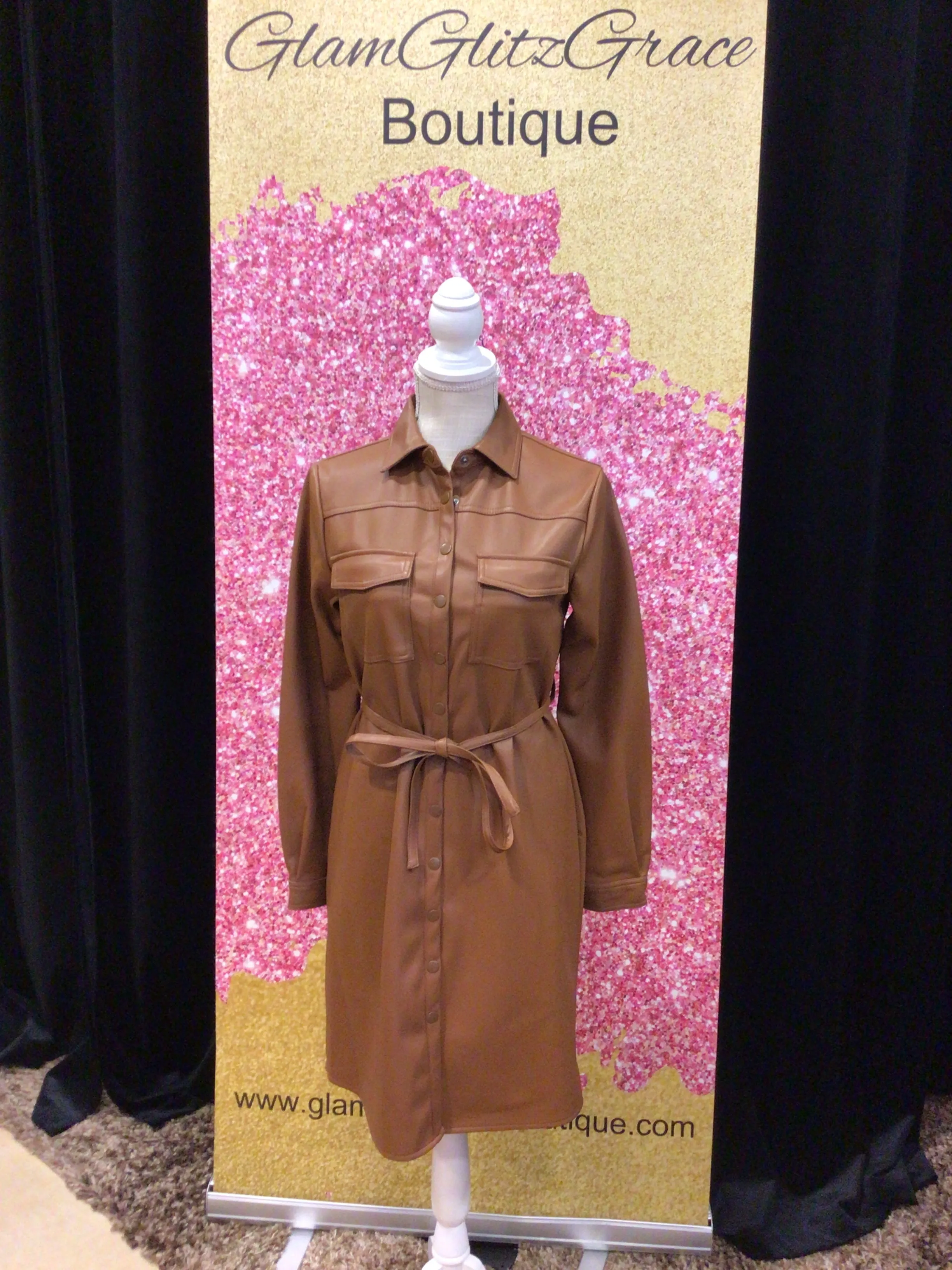 Brown Button Down Faux Leather Dress With Tie Waist