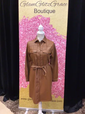 Brown Button Down Faux Leather Dress With Tie Waist