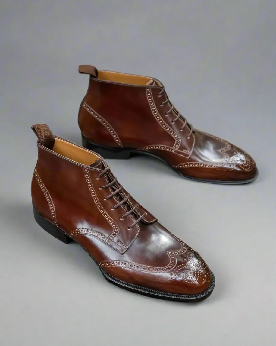 Brown Leather Barletta Lace Up Brogue Wingtip Oxford Boots - Boots