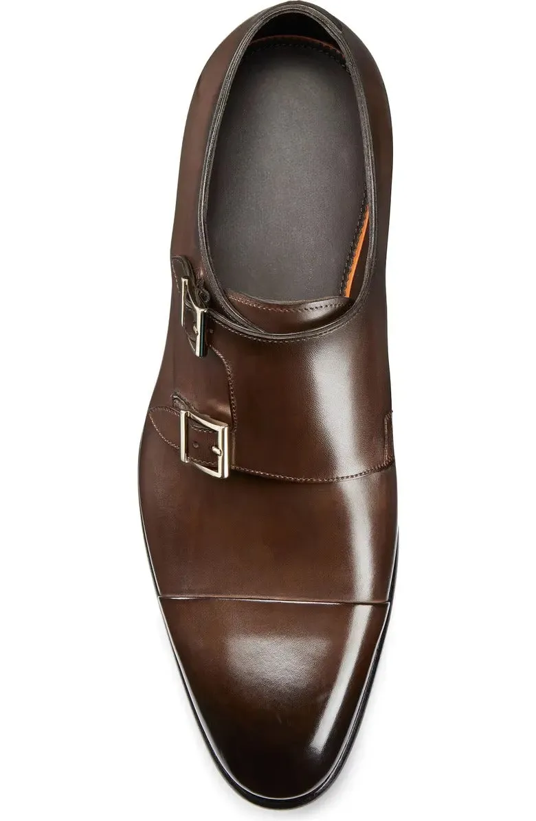Brown Leather Soren Double Monk Strap Toe Cap Shoes - Monk Shoes