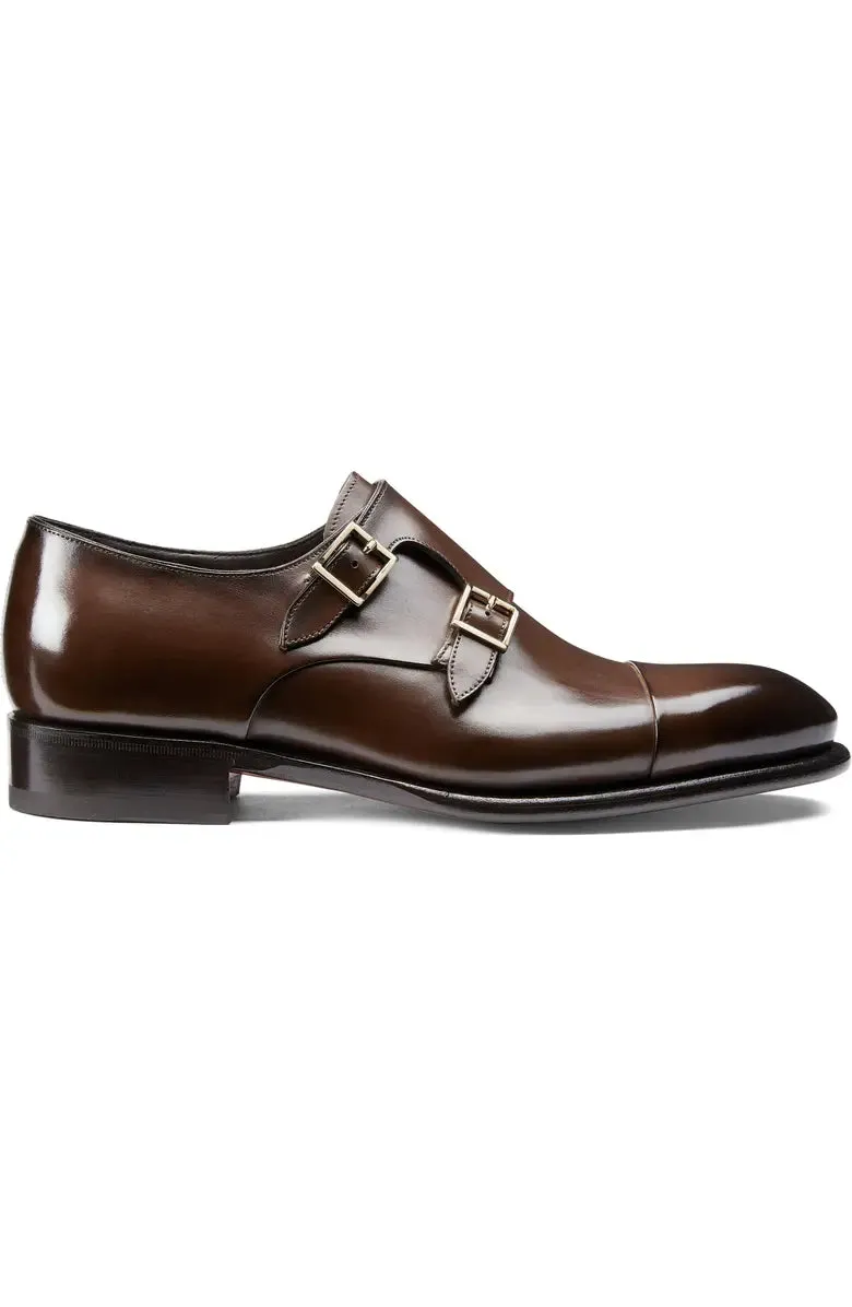 Brown Leather Soren Double Monk Strap Toe Cap Shoes - Monk Shoes