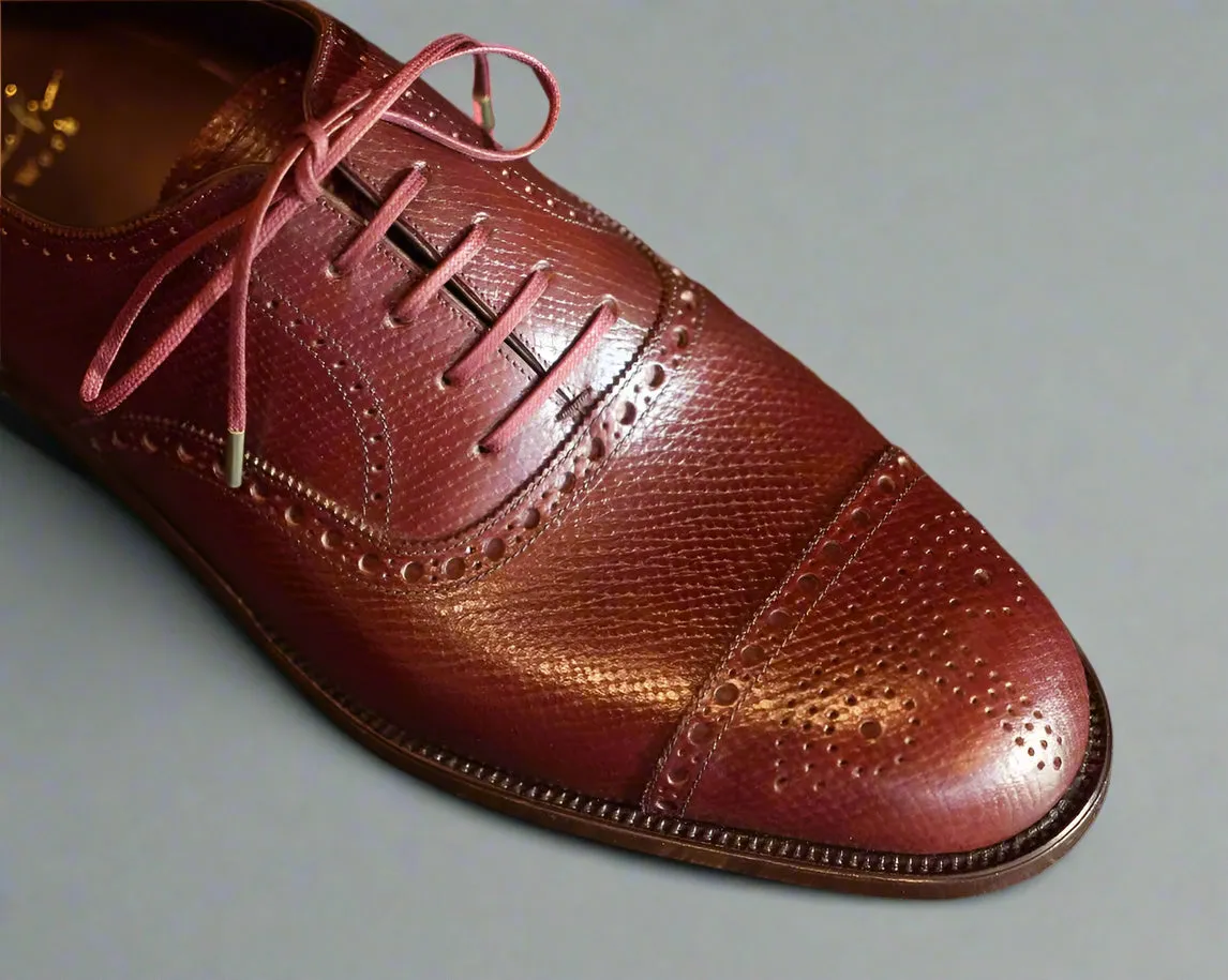 BURGUNDY LEATHER BROGUE ROUND TOE CAP OXFORD SHOE - FORMAL SHOES