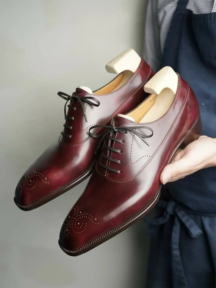 BURGUNDY LEATHER MODENA BROGUE WHOLECUT OXFORD SHOE - FORMAL SHOES