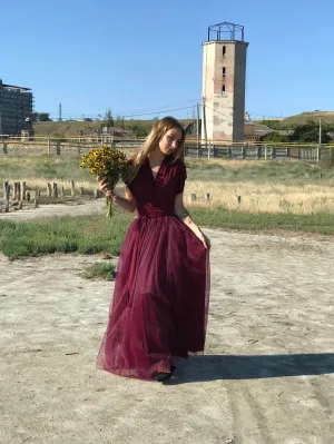 Burgundy Tulle Prom Dress Long ,Red Modest Evening Dress