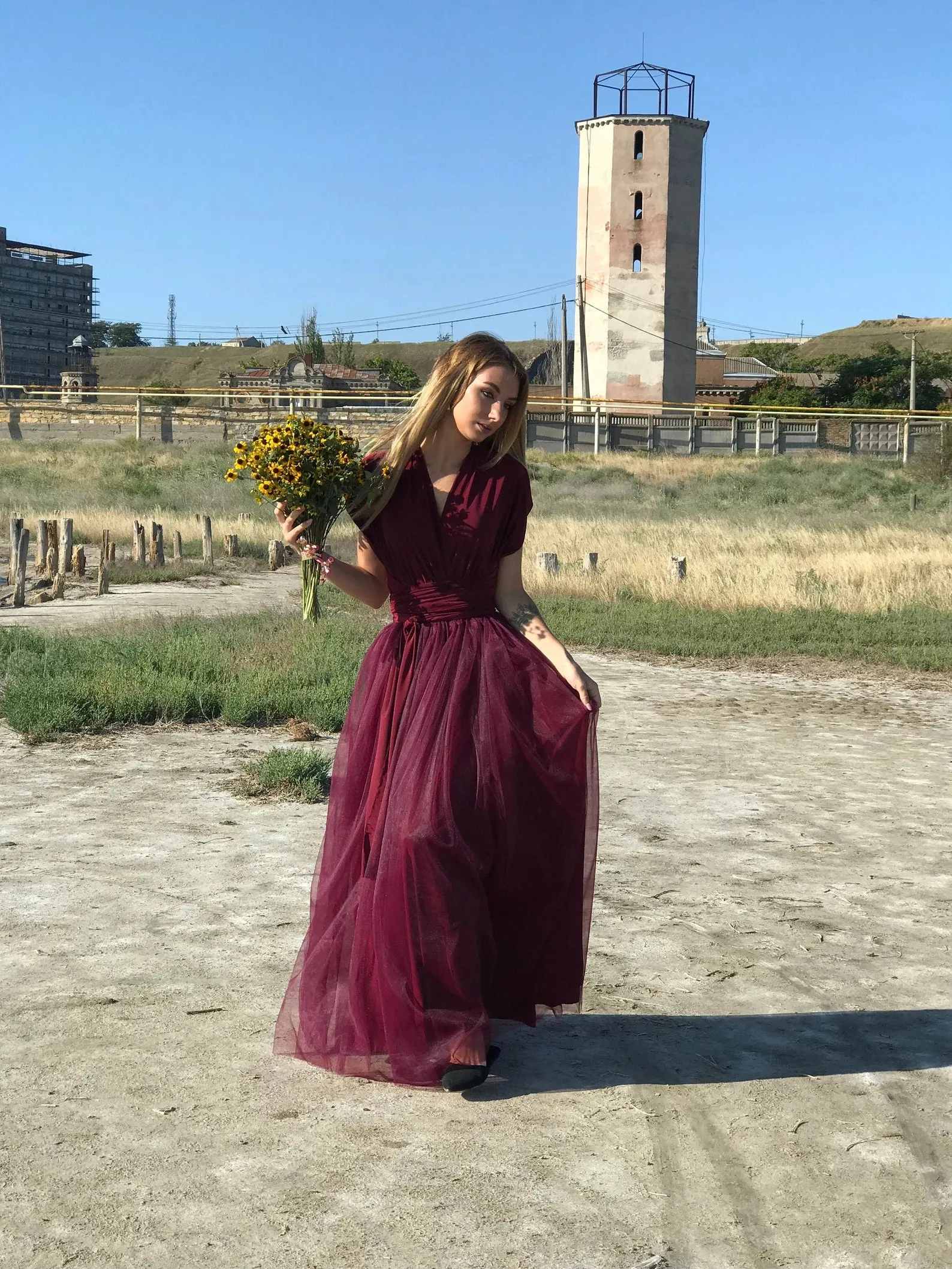 Burgundy Tulle Prom Dress Long ,Red Modest Evening Dress