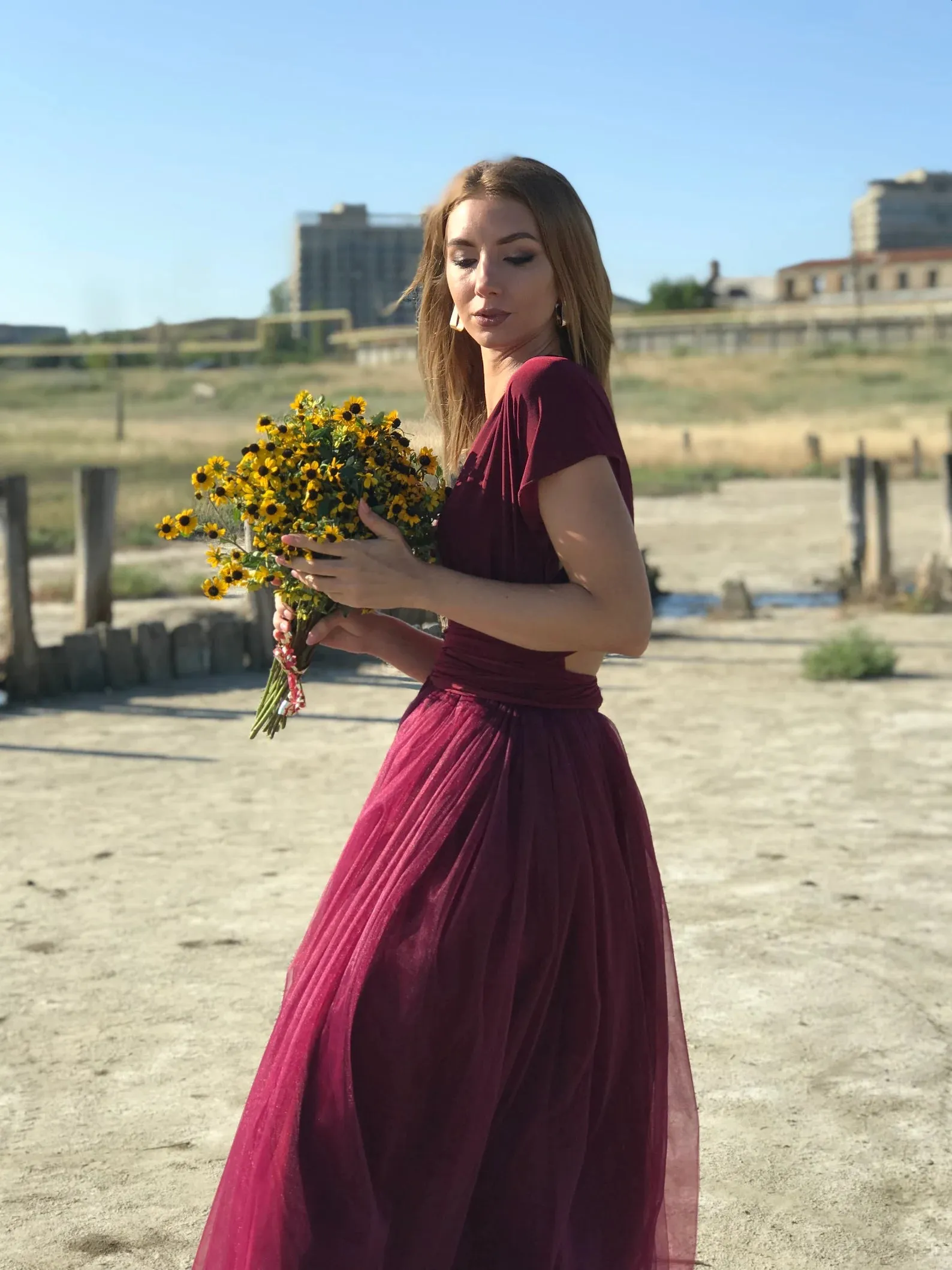 Burgundy Tulle Prom Dress Long ,Red Modest Evening Dress