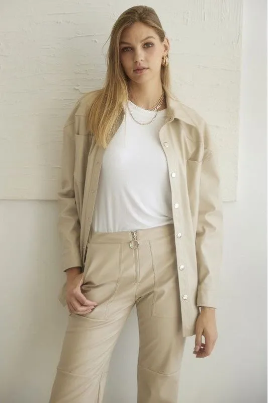 Button Down Faux Leather Shacket