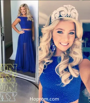 Cap Sleeve Two Piece Royal Blue Prom Dresses Beaded Two Piece Evening Dresses