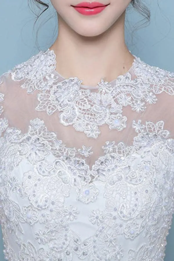 Cap Sleeves Floor-Length Court Train Wedding Dress With Beading TN0100
