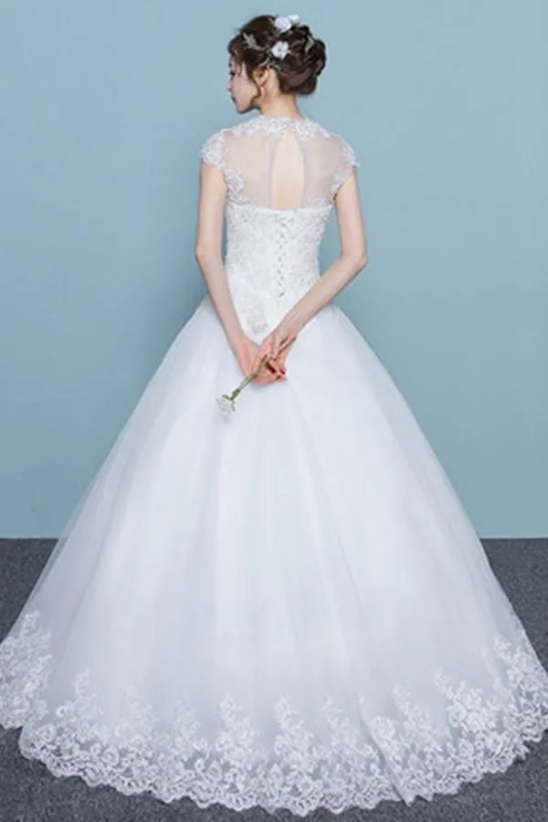 Cap Sleeves Floor-Length Court Train Wedding Dress With Beading TN0100