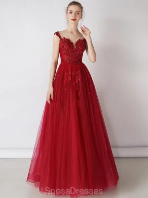 Cap Sleeves Red Beaded Sequin A-line Long Evening Prom Dresses, Evening Party Prom Dresses, 12326