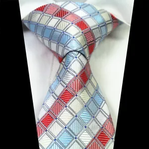 Celino Turquoise Red White Squares 100% Woven Silk Men's Tie Necktie Turkey Made