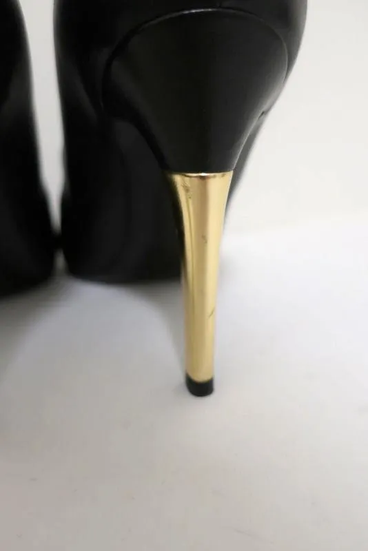 Chanel 13B CC Cap Toe Pumps Black Leather with Gold Heel Size 38