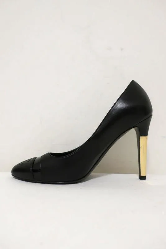 Chanel 13B CC Cap Toe Pumps Black Leather with Gold Heel Size 38