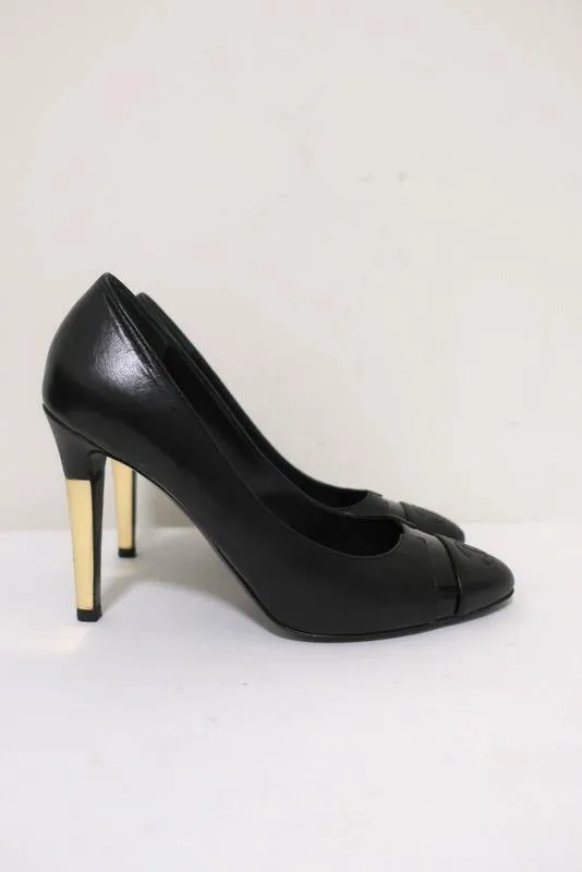 Chanel 13B CC Cap Toe Pumps Black Leather with Gold Heel Size 38