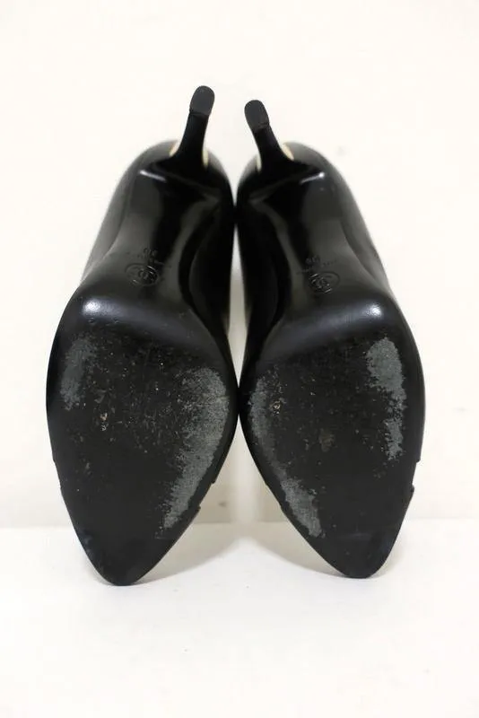 Chanel 13B CC Cap Toe Pumps Black Leather with Gold Heel Size 38
