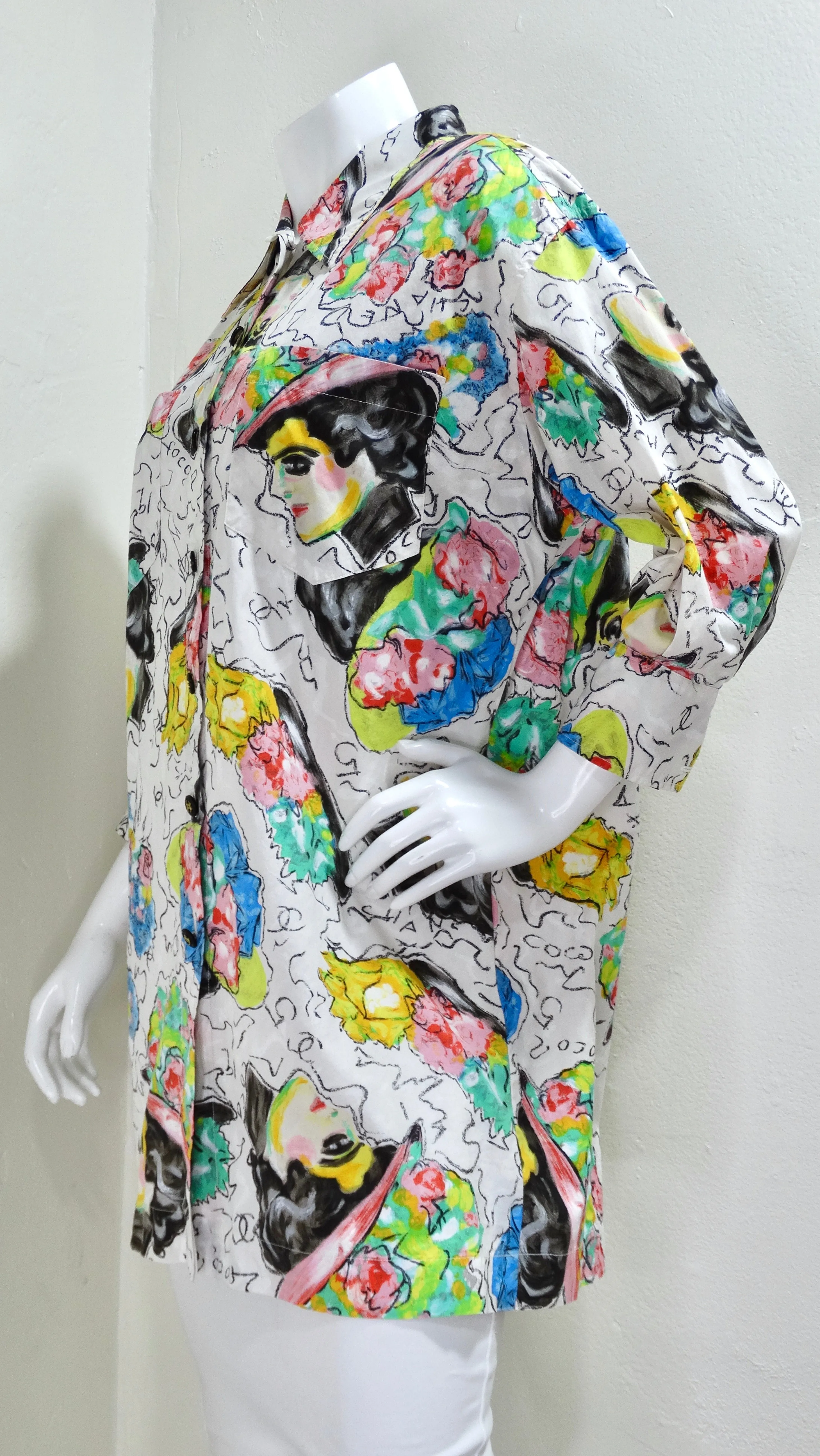 Chanel 1990's CC Buttons Abstract Print Blouse
