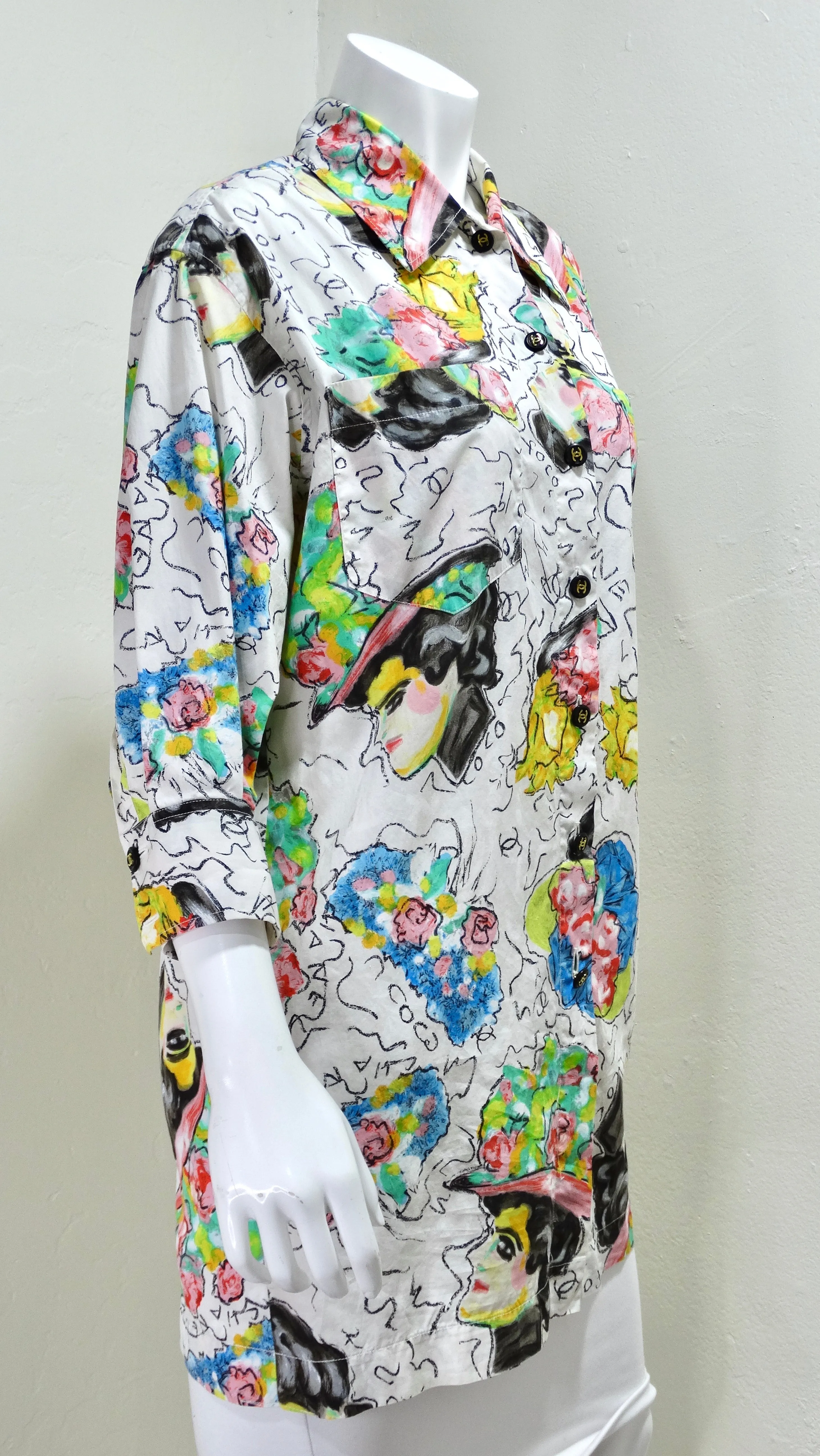 Chanel 1990's CC Buttons Abstract Print Blouse