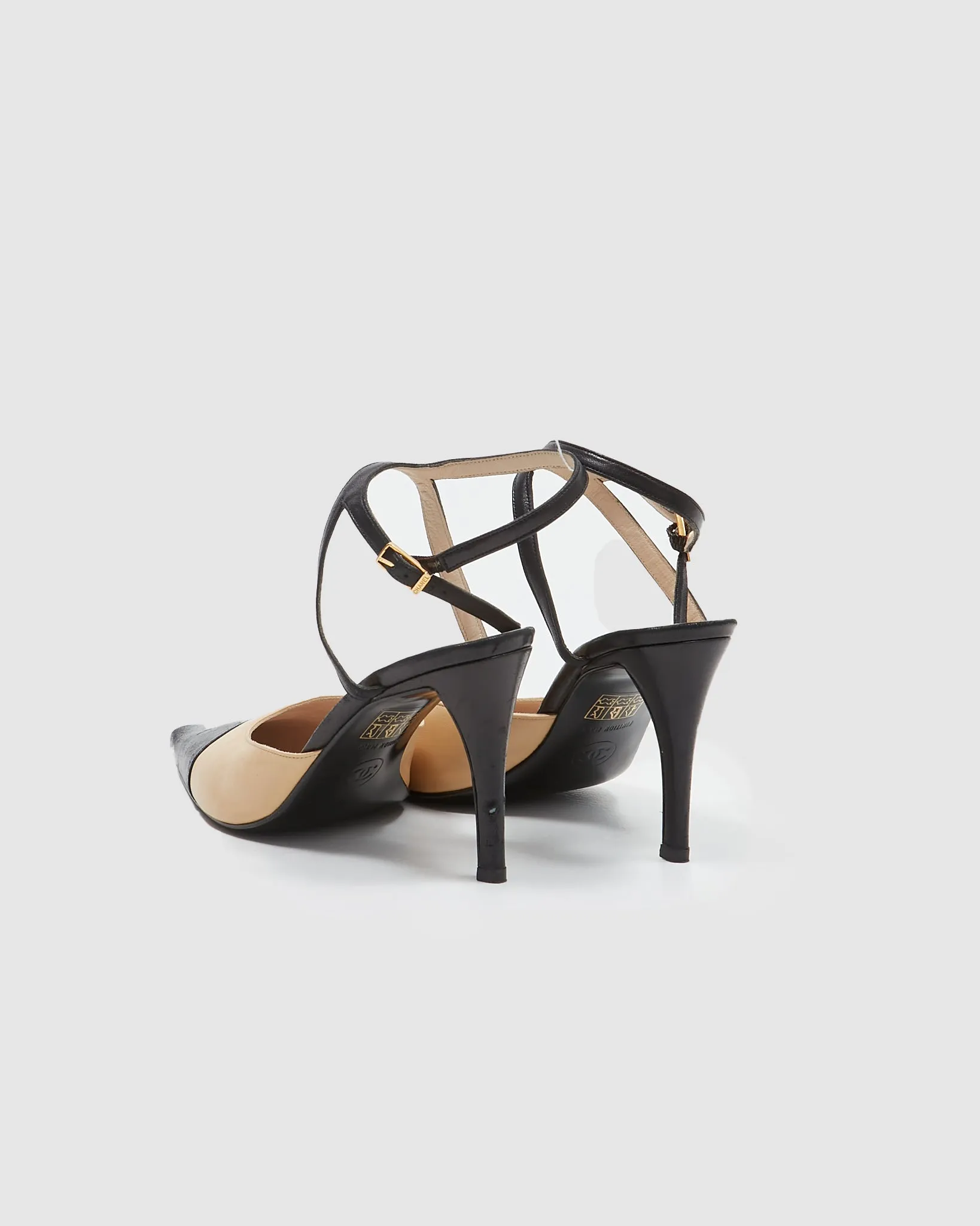 Chanel Beige/Black Leather Point Toe Heel - 38
