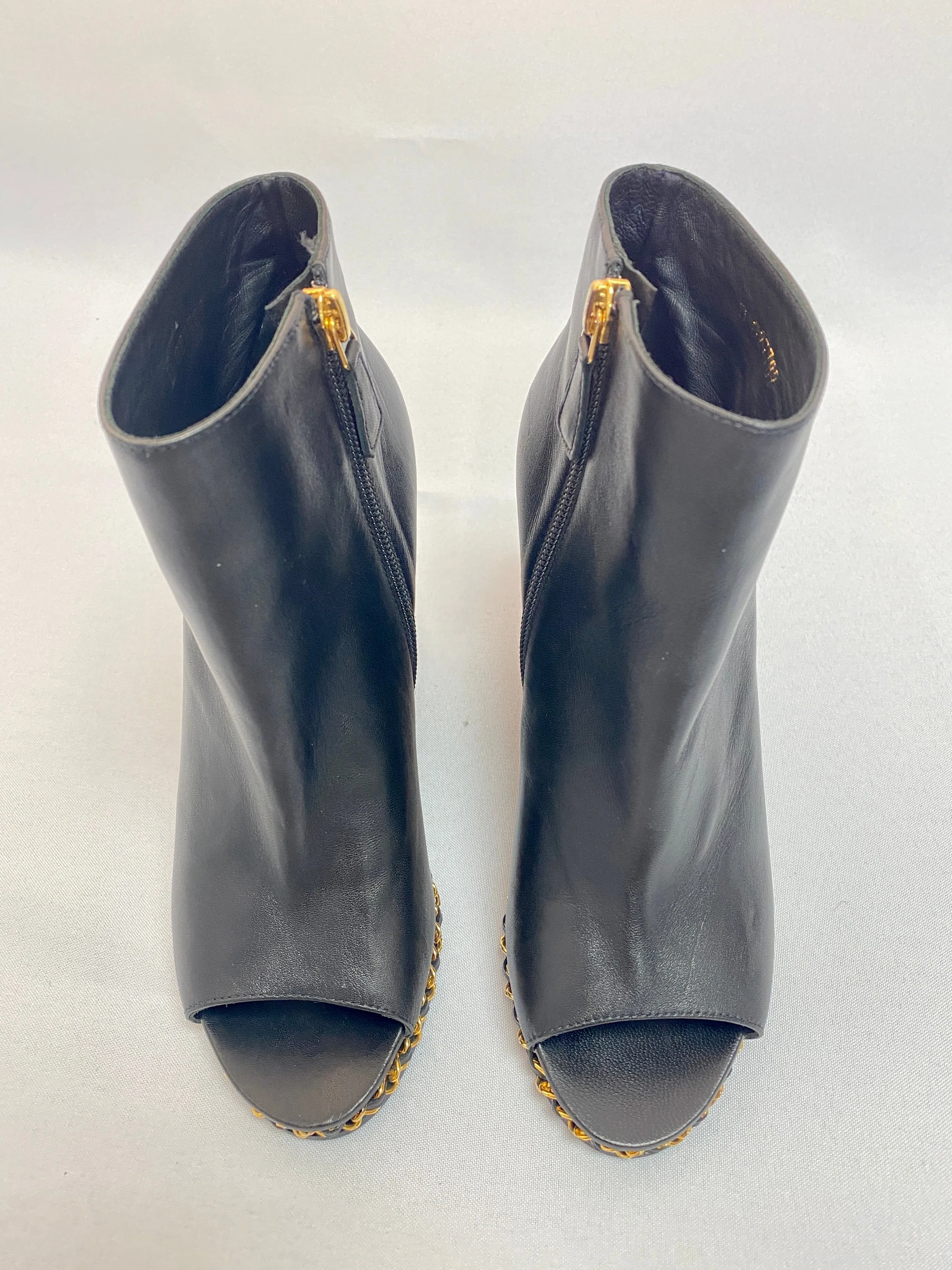 Chanel Black Leather Peep Toe Wedges with Chain Detail