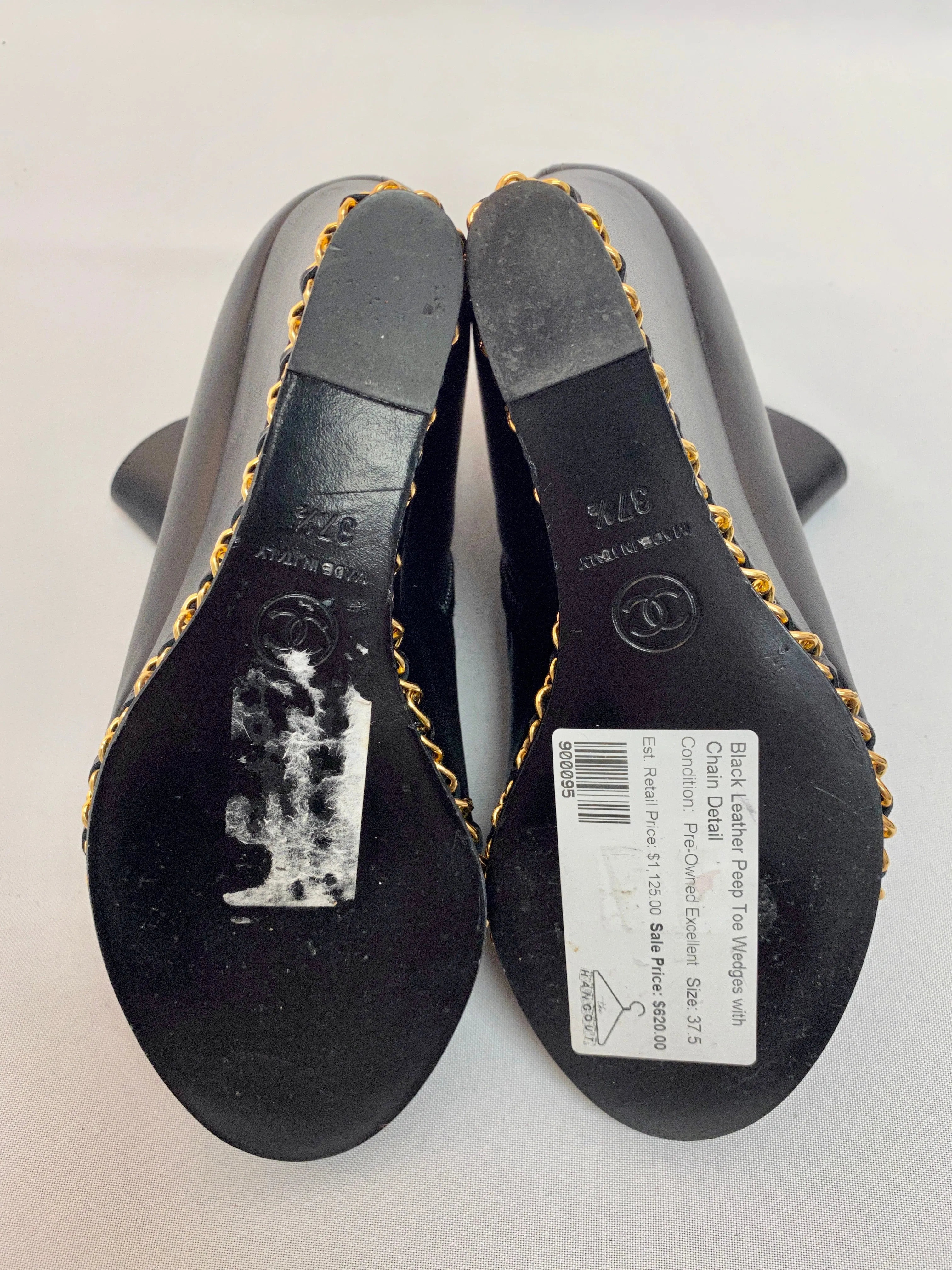 Chanel Black Leather Peep Toe Wedges with Chain Detail