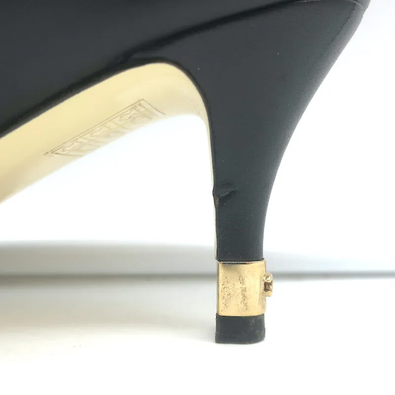 Chanel CC Gold-Tipped Heel Cap Toe Pumps Black Leather Size 37.5