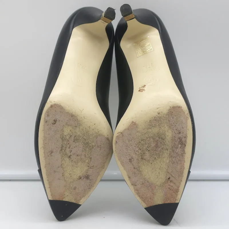 Chanel CC Gold-Tipped Heel Cap Toe Pumps Black Leather Size 37.5
