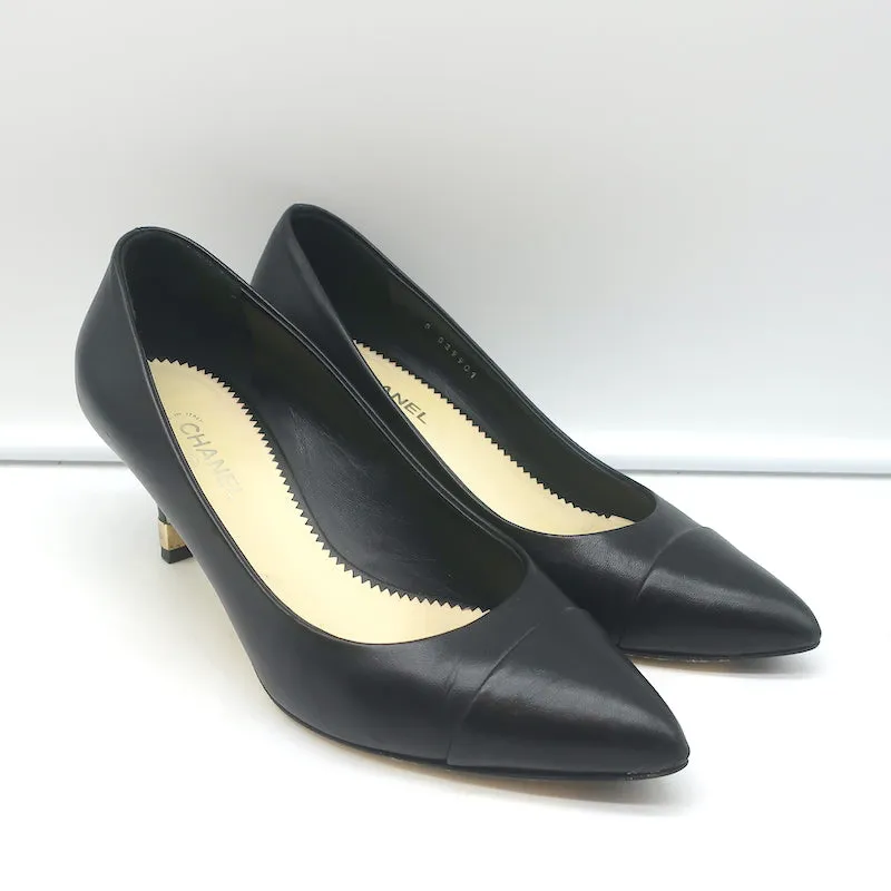 Chanel CC Gold-Tipped Heel Cap Toe Pumps Black Leather Size 37.5