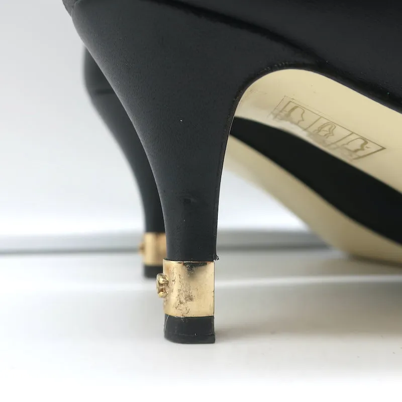 Chanel CC Gold-Tipped Heel Cap Toe Pumps Black Leather Size 37.5