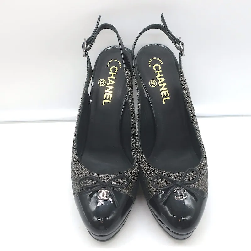 Chanel Chain-Trim CC Cap Toe Platform Slingback Pumps Black/Gold Size 39.5