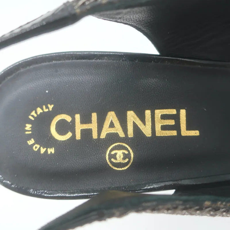 Chanel Chain-Trim CC Cap Toe Platform Slingback Pumps Black/Gold Size 39.5