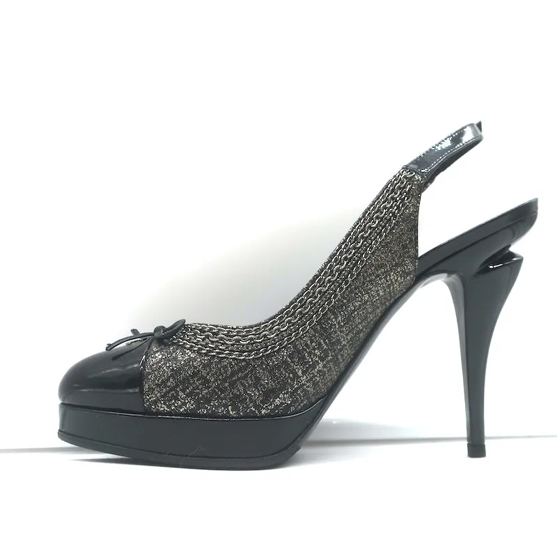 Chanel Chain-Trim CC Cap Toe Platform Slingback Pumps Black/Gold Size 39.5