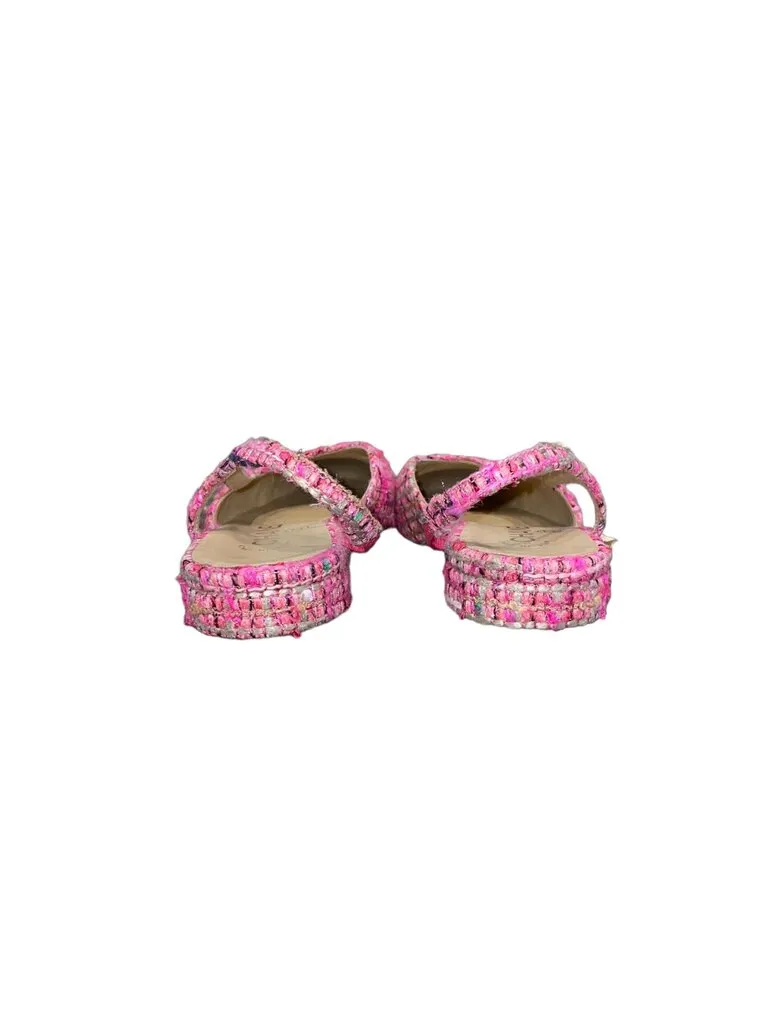 Chanel Tweed Grosgrain Cap toe CC slingback flat pink 39.5