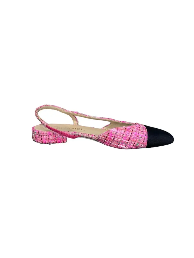 Chanel Tweed Grosgrain Cap toe CC slingback flat pink 39.5