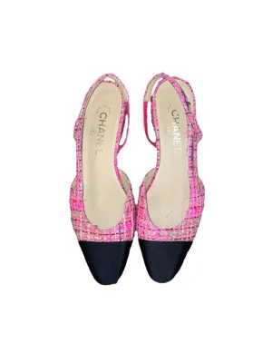 Chanel Tweed Grosgrain Cap toe CC slingback flat pink 39.5