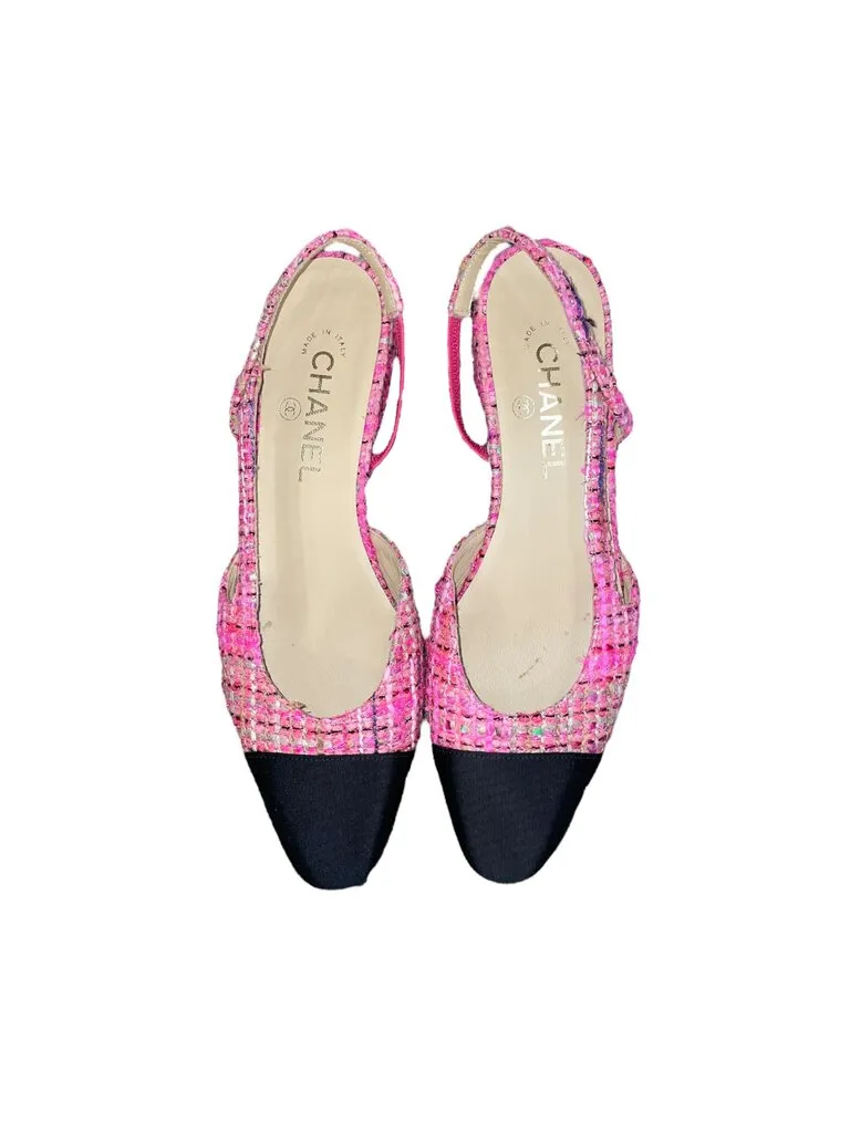 Chanel Tweed Grosgrain Cap toe CC slingback flat pink 39.5