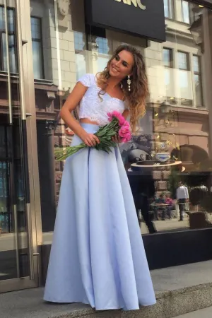 Cheap Light Blue Satin Two Piece Lace Top Floor Length Prom Dresses OK891