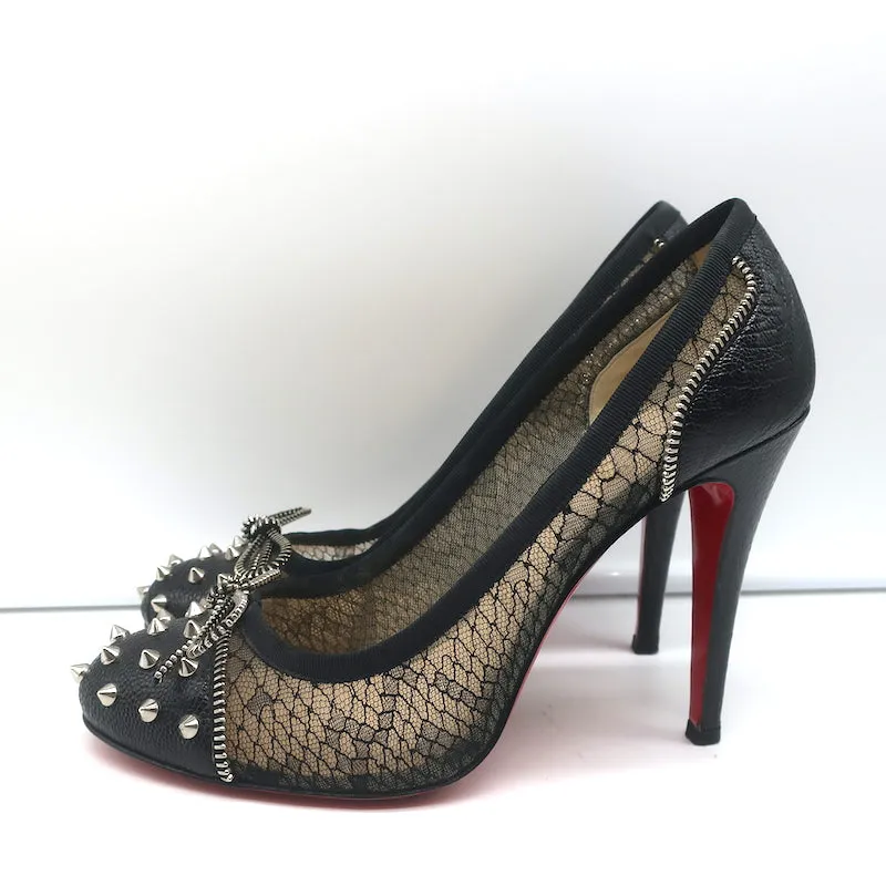 Christian Louboutin Candy Spike Pumps Black Leather & Lace Size 39 Cap Toe Heels
