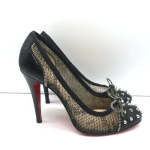 Christian Louboutin Candy Spike Pumps Black Leather & Lace Size 39 Cap Toe Heels